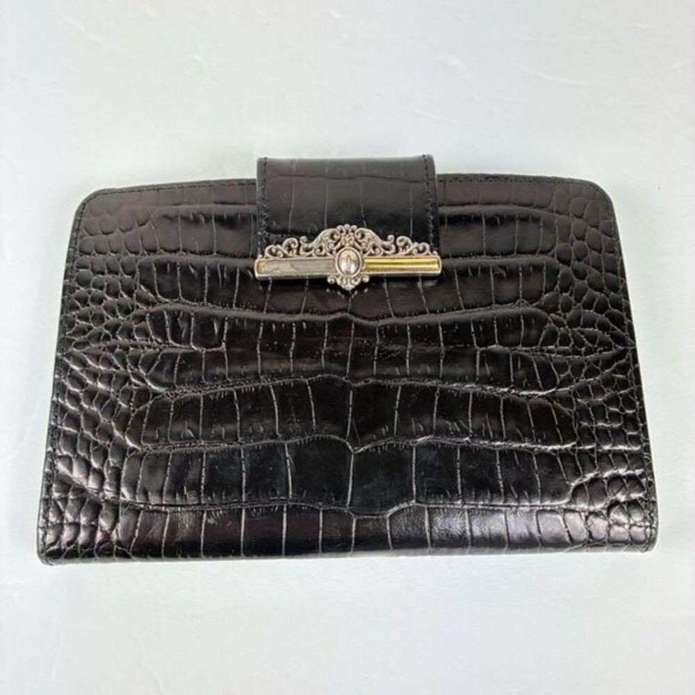 VTG Brighton Chocolate Brown Croc Leather Checkbook Wallet Western Boho Classic‎